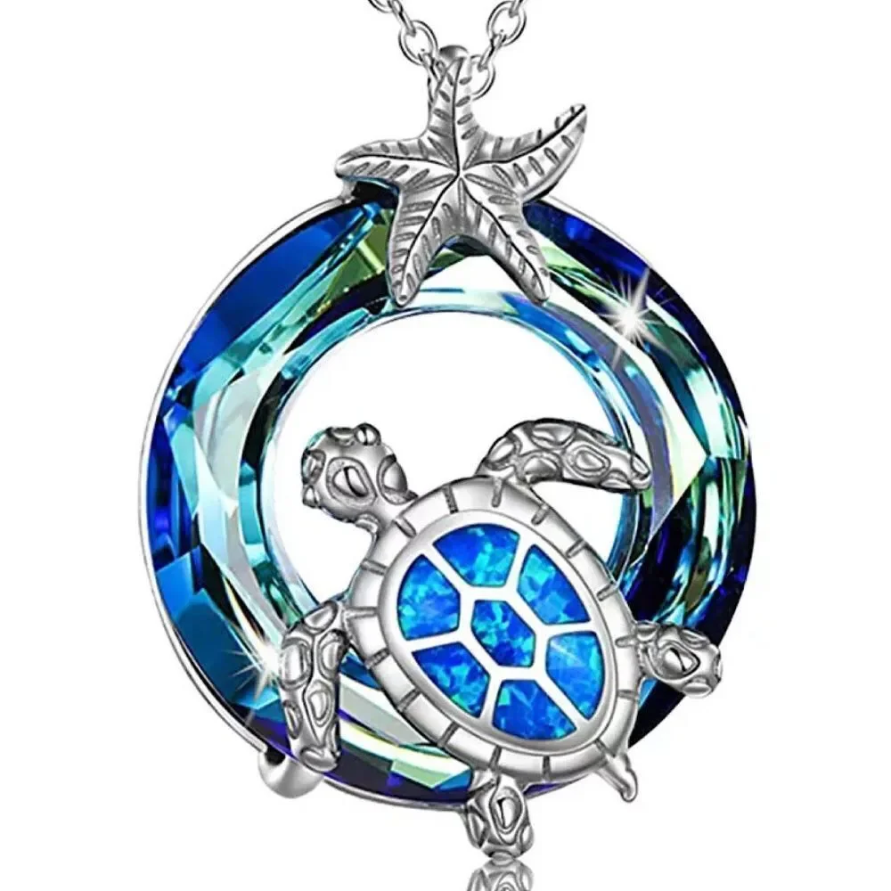 💎085💎 925‎ Sterling Silver Opal Turtle Necklace